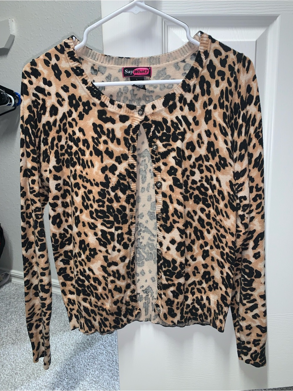 Say What? Women’s Leopard Print Cardigan in Tan and Black